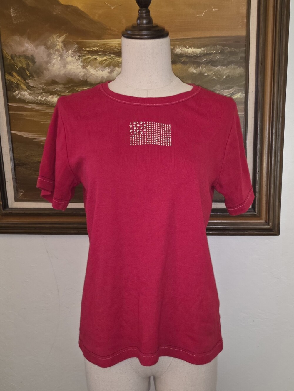 Vintage Erika & Co. 1980s 1990s Red Cotton T-Shirt Studded American Flag